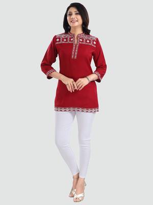 Red embroidered rayon short-kurtis 5