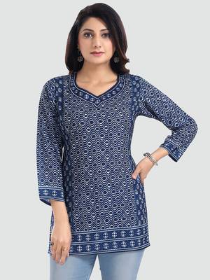 Blue printed crepe short-kurtis 1