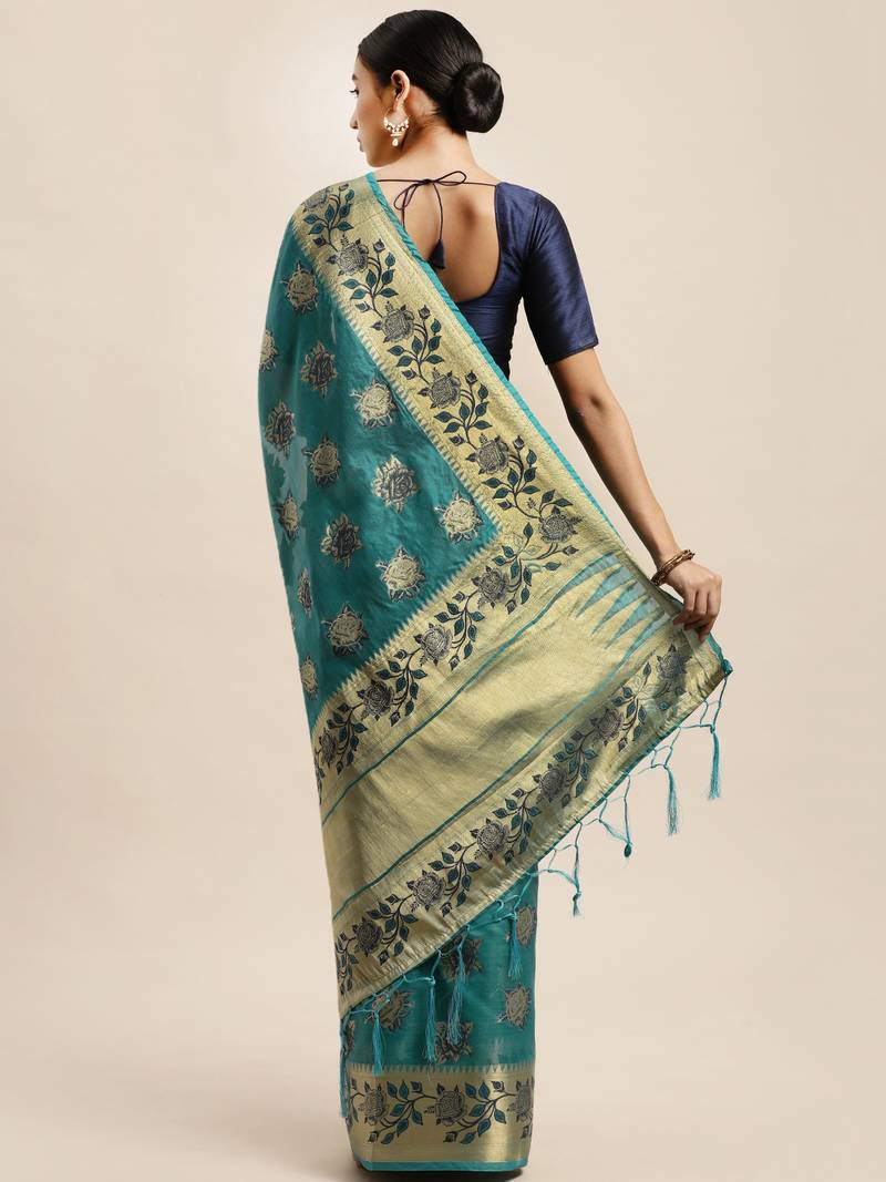 Teal woven organza saree with blouse