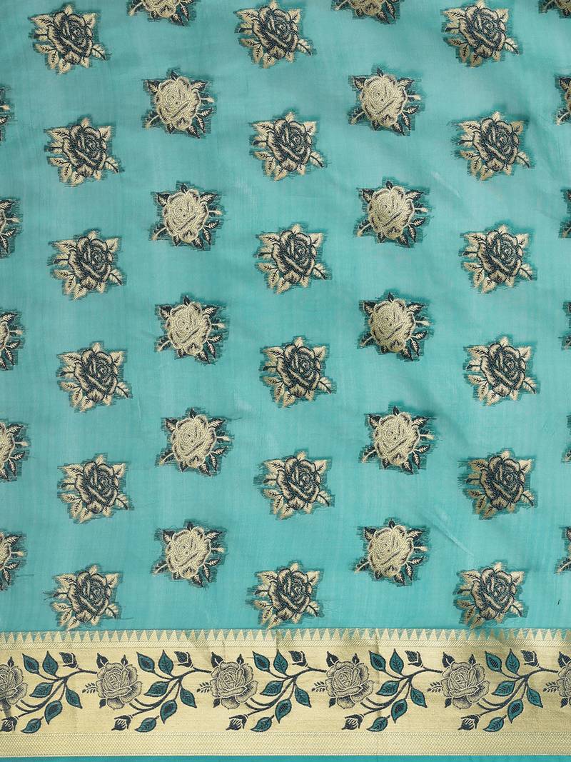 Teal woven organza saree with blouse