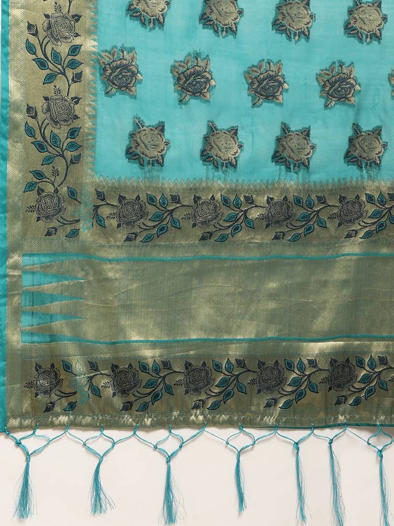 Teal woven organza saree with blouse