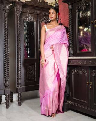 Powder Pink Zari Woven Brocade Silk Saree 1