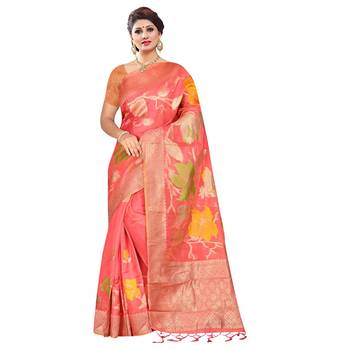 Pink woven organza saree with blouse 1