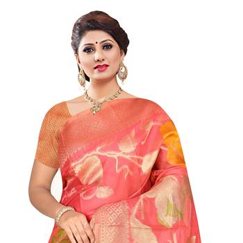 Pink woven organza saree with blouse 2