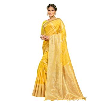 Yellow woven organza saree with blouse 1