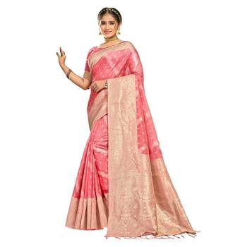 Light pink woven organza saree with blouse 1