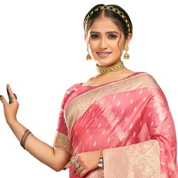 Light pink woven organza saree with blouse 2