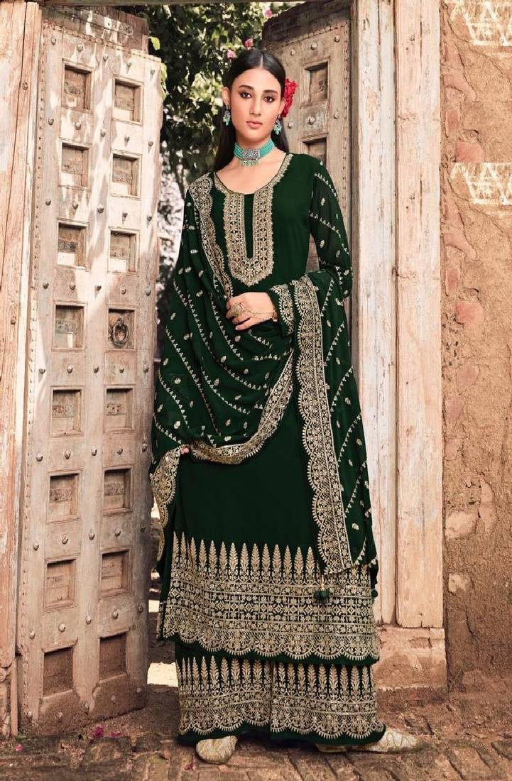 Green embroidery georget silk semistitch straight suits palazzo salwar suits