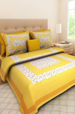 VKMarotia Queen Size Jaipuri Traditional Cotton Double Bedsheets Bedspread Bed Cover with 2 Pillow Covers (Yellow) 1