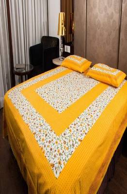 VKMarotia Queen Size Jaipuri Traditional Cotton Double Bedsheets Bedspread Bed Cover with 2 Pillow Covers (Yellow) 3