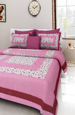 VKMarotia Queen Size Jaipuri Traditional Cotton Double Bedsheets Bedspread Bed Cover with 2 Pillow Covers (Pink) 1
