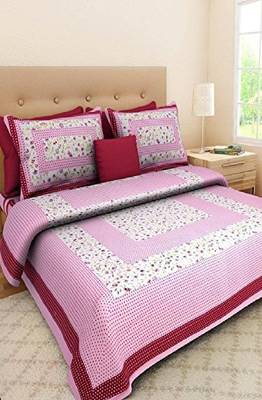 VKMarotia Queen Size Jaipuri Traditional Cotton Double Bedsheets Bedspread Bed Cover with 2 Pillow Covers (Pink) 2