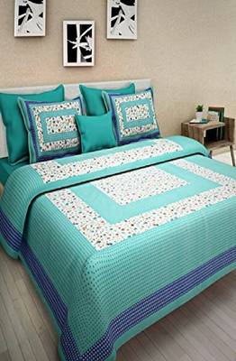 VKMarotia Queen Size Jaipuri Traditional Cotton Double Bedsheets Bedspread Bed Cover with 2 Pillow Covers (Green) 1