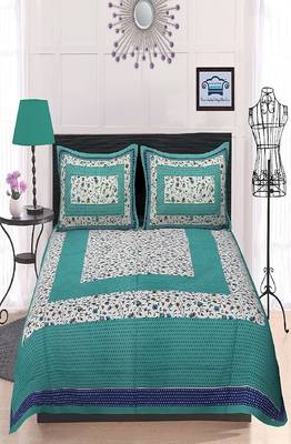 VKMarotia Queen Size Jaipuri Traditional Cotton Double Bedsheets Bedspread Bed Cover with 2 Pillow Covers (Green) 2