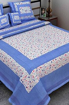 VKMarotia Queen Size Jaipuri Traditional Cotton Double Bedsheets Bedspread Bed Cover with 2 Pillow Covers (Blue) 1