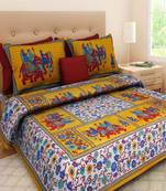 VKMarotia Queen Size Jaipuri Traditional Cotton Double Bedsheets Bedspread Bed Cover with 2 Pillow Covers (Yellow)