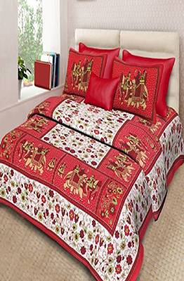 VKMarotia Queen Size Jaipuri Traditional Cotton Double Bedsheets Bedspread Bed Cover with 2 Pillow Covers (Red) 1