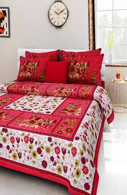 VKMarotia Queen Size Jaipuri Traditional Cotton Double Bedsheets Bedspread Bed Cover with 2 Pillow Covers (Red) 2