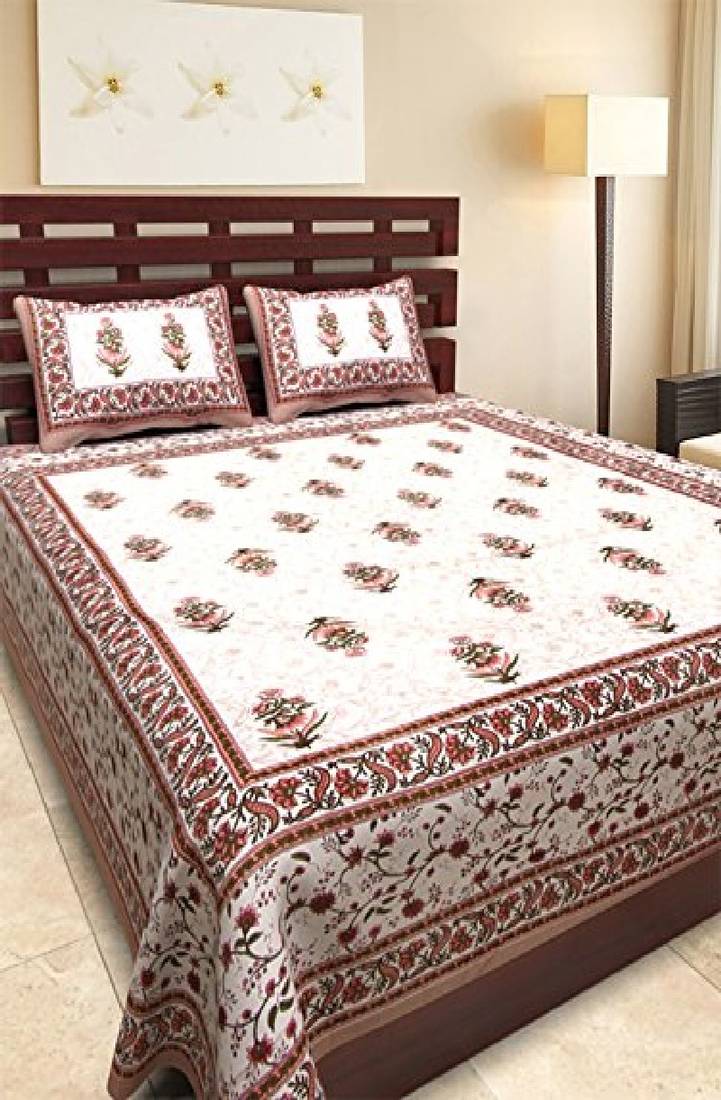 VKMarotia Queen Size Jaipuri Traditional Cotton Double Bedsheets Bedspread Bed Cover with 2 Pillow Covers (Brown)