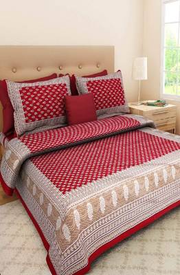 VKMarotia Queen Size Jaipuri Traditional Cotton Double Bedsheets Bedspread Bed Cover with 2 Pillow Covers (Red) 1