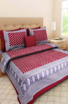 VKMarotia Queen Size Jaipuri Traditional Cotton Double Bedsheets Bedspread Bed Cover with 2 Pillow Covers (Mahroon) 1