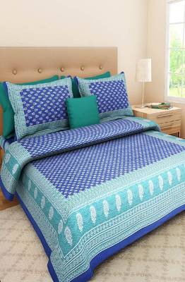VKMarotia Queen Size Jaipuri Traditional Cotton Double Bedsheets Bedspread Bed Cover with 2 Pillow Covers (Blue) 1