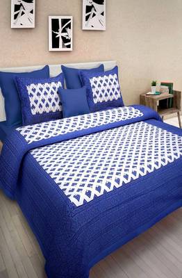 VKMarotia Queen Size Jaipuri Traditional Cotton Double Bedsheets Bedspread Bed Cover with 2 Pillow Covers (blue) 2