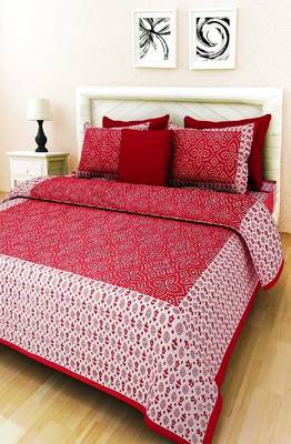 VKMarotia Queen Size Jaipuri Traditional Cotton Double Bedsheets Bedspread Bed Cover with 2 Pillow Covers (Red) 3