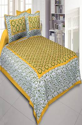 VKMarotia Queen Size Jaipuri Traditional Cotton Double Bedsheets Bedspread Bed Cover with 2 Pillow Covers (Yellow) 1