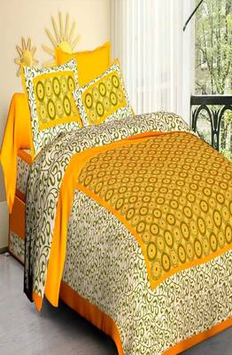 VKMarotia Queen Size Jaipuri Traditional Cotton Double Bedsheets Bedspread Bed Cover with 2 Pillow Covers (Yellow) 4