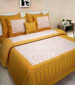 VKMarotia Queen Size Jaipuri Traditional Cotton Double Bedsheets Bedspread Bed Cover with 2 Pillow Covers (Yellow)
