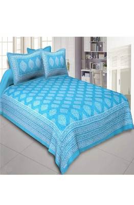 VKMarotia Queen Size Jaipuri Traditional Cotton Double Bedsheets Bedspread Bed Cover with 2 Pillow Covers (Blue) 1