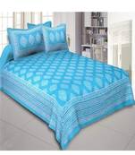 VKMarotia Queen Size Jaipuri Traditional Cotton Double Bedsheets Bedspread Bed Cover with 2 Pillow Covers (Blue)