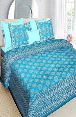 VKMarotia Queen Size Jaipuri Traditional Cotton Double Bedsheets Bedspread Bed Cover with 2 Pillow Covers (Blue) 4