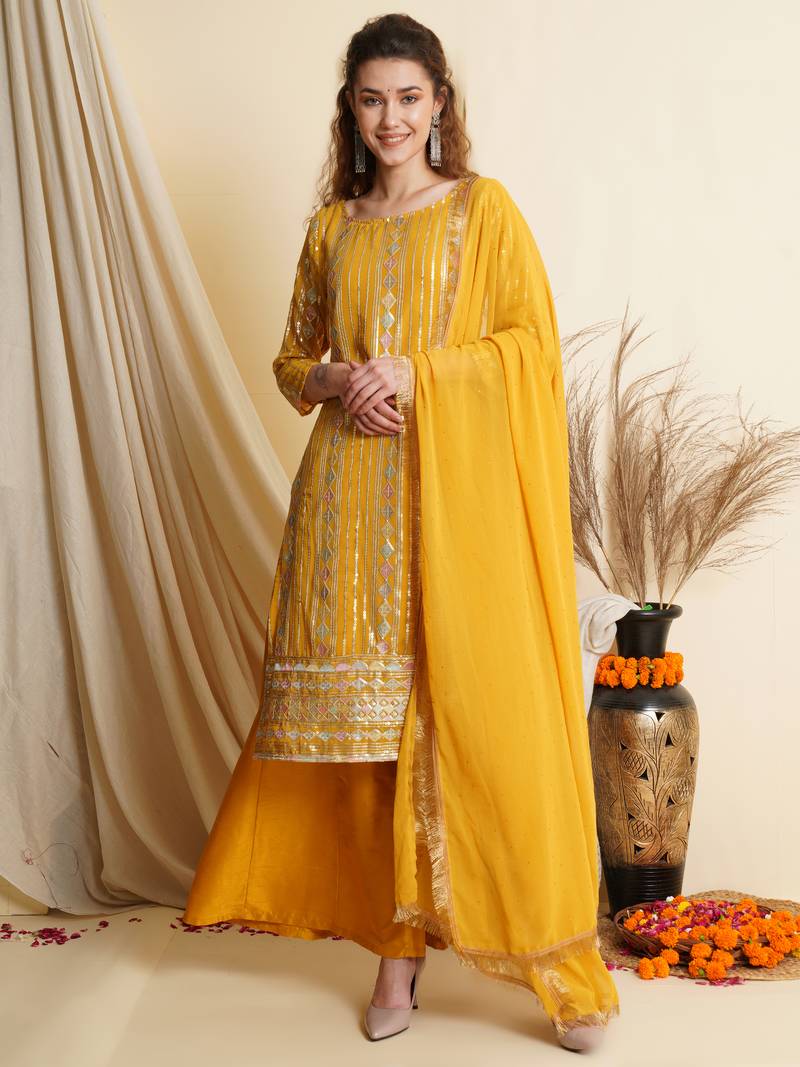 Yellow embroidered georgette salwar
