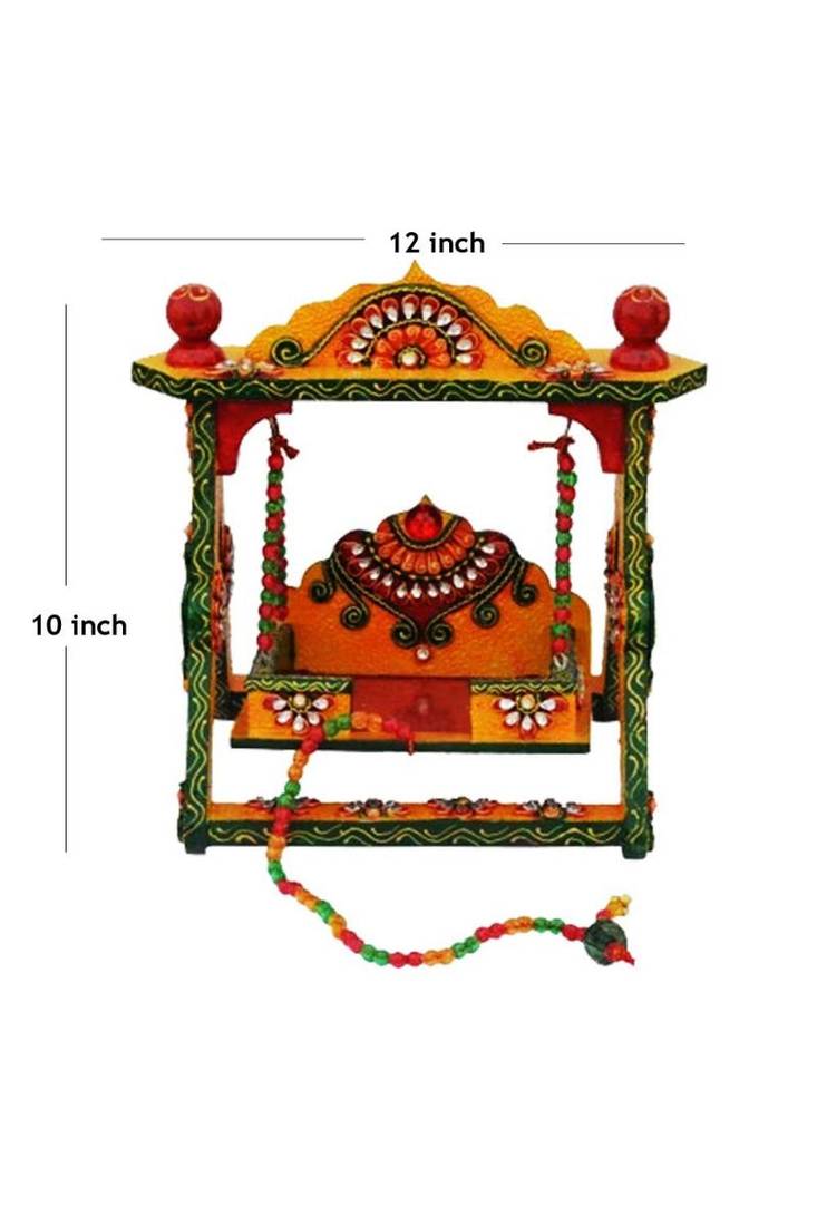 Sanskritihandicraft Wood Krishna Bal Gopal Swing Jhula, 10x12 Inch, Green, Yellow