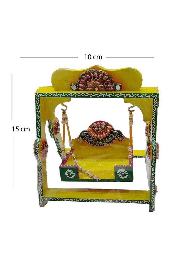 Sanskritihandicraft Wooden Handmade Beautiful Swing with Laddu Gopal Statue (15 x 10 cm, Yellow, Green)