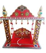 Sanskritihandicraft Kundan & Stone Work Red Color Laddu Gopal Bal Gopal Krishna Wooden Swing Jhula(41x41 cm)