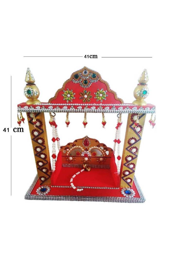Sanskritihandicraft Kundan & Stone Work Red Color Laddu Gopal Bal Gopal Krishna Wooden Swing Jhula(41x41 cm)