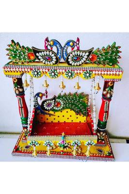 Sanskritihandicraft Kundan Work Laddu Gopal Bal Gopal Krishna Wooden Swing Jhula(41x41 cm) 1