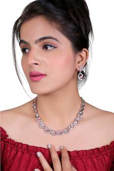 Classic Style AD/American Diamond Studded Pink Silver Plated Handcrafted Circle Necklace Set for Women & Girls