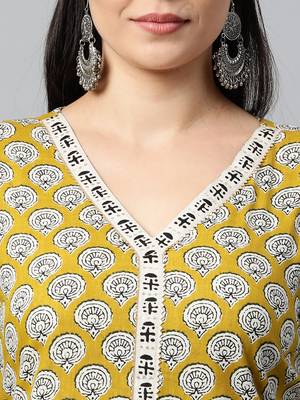 Yellow printed cotton ethnic-kurtis 3