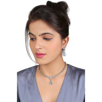 	Classic Style AD/American Diamond Studded Ferozi Colour SilvervPlated Handcrafted Circle Necklace Set for Women & Girls 1