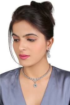 	Classic Style AD/American Diamond Studded Ferozi Colour SilvervPlated Handcrafted Circle Necklace Set for Women & Girls