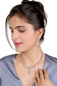 Mad Club Classic Style American Diamond Studded Rhodium White Silver-Plated Necklace Set With Earrings for Women	