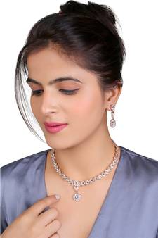 	American Diamond Rose Gold-Plated Necklace with Earrings for Women, Girls - Jewellery Set for Wedding, (Rose Gold)