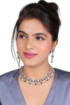Mad Club AD Green Silver -Plated Floral Design Necklace with Earrings for Women, Girls