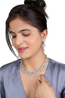 Mad Club Classic Style American Diamond Studded Rhodium White Silver-Plated Necklace Set With Earrings for Women	