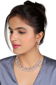 American Diamond Rose Gold-Plated Necklace with Earrings for Women, Girls - Jewellery Set for Wedding, (Rose Gold)