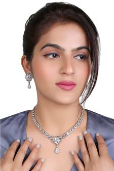 	Mad Club Classic Style American Diamond Studded Rhodium White Silver-Plated Necklace Set With Earrings for Women	